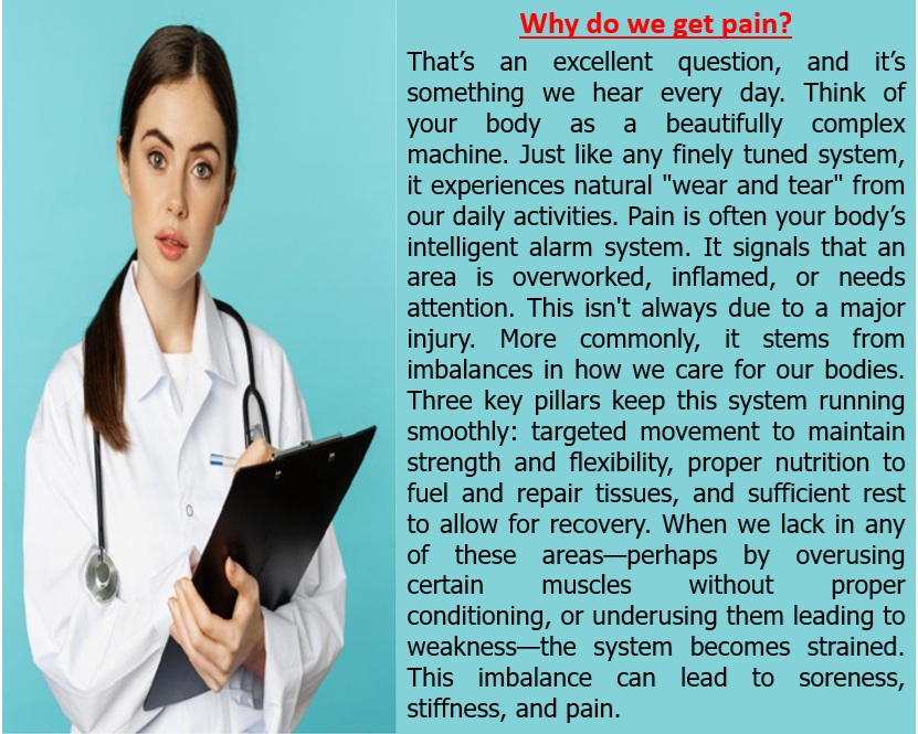 Medical doctor answering the audience question, why do we get body pain?